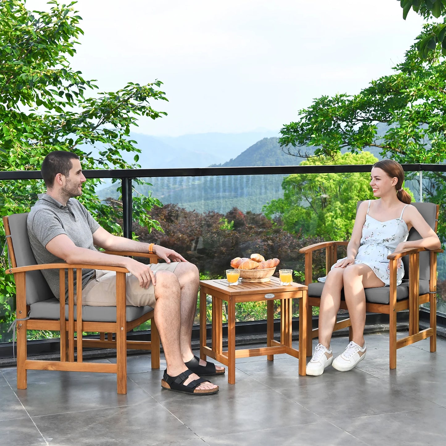 3PCS Solid Wood Patio Furniture Set Table&Chairs Grey Cushion