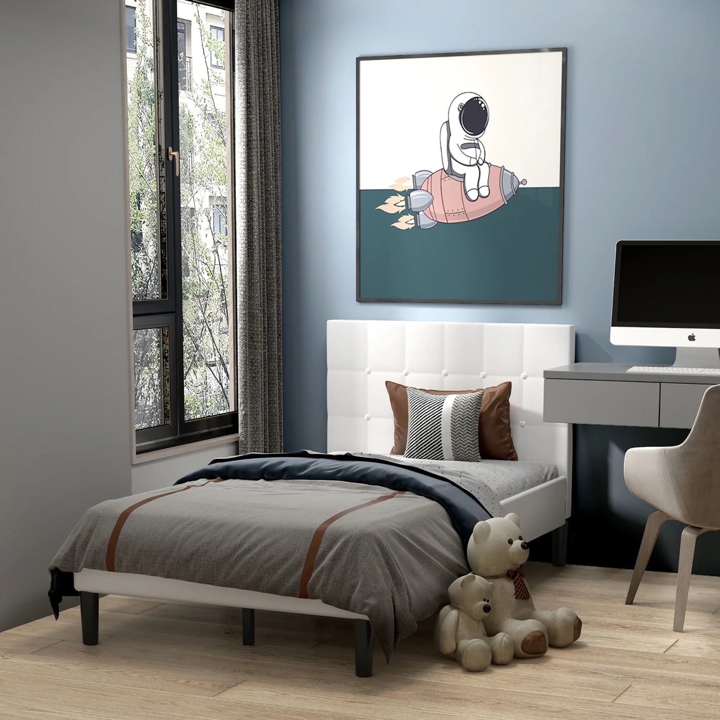 Twin Upholstered Bed Frame Button Tufted Headboard Mattress Foundation Beige