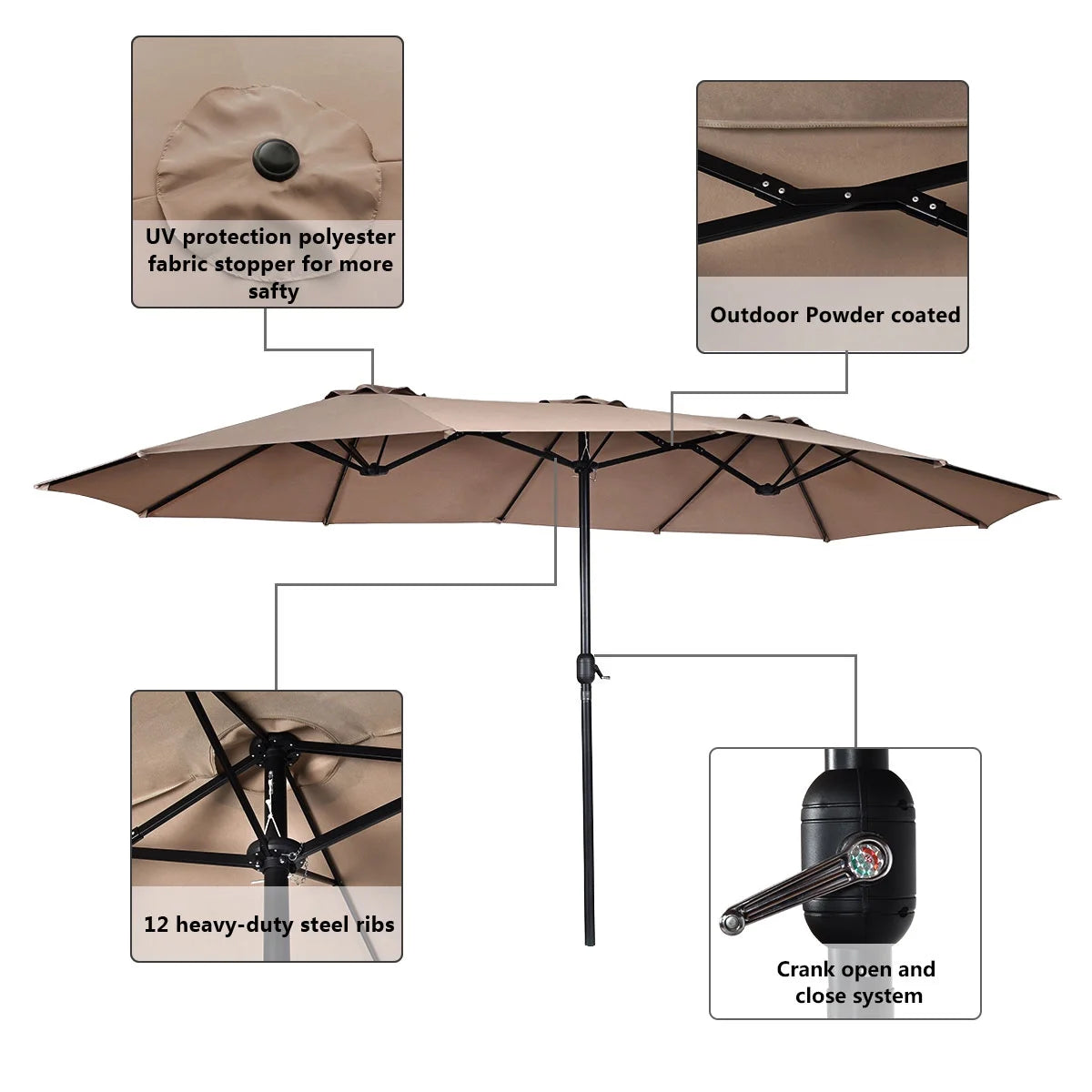 15' Market Outdoor Umbrella Double-Sided Twin Patio Umbrella with Crank Tan