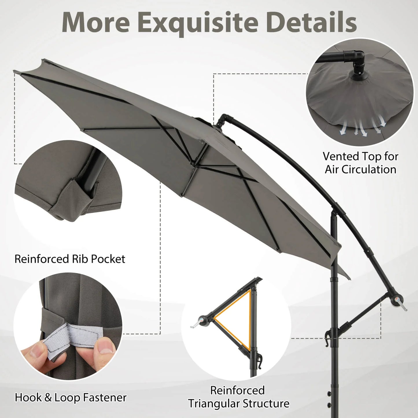 10 FT Patio Offset Umbrella W/8 Ribs Cross Base Tilt Grey