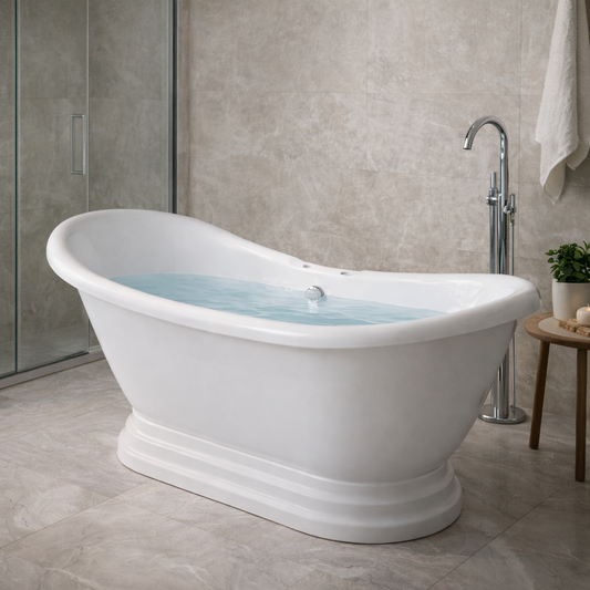 69" Acrylic Double Slipper Pedestal Freestanding Tub with Pre-Drilled Faucet Holes