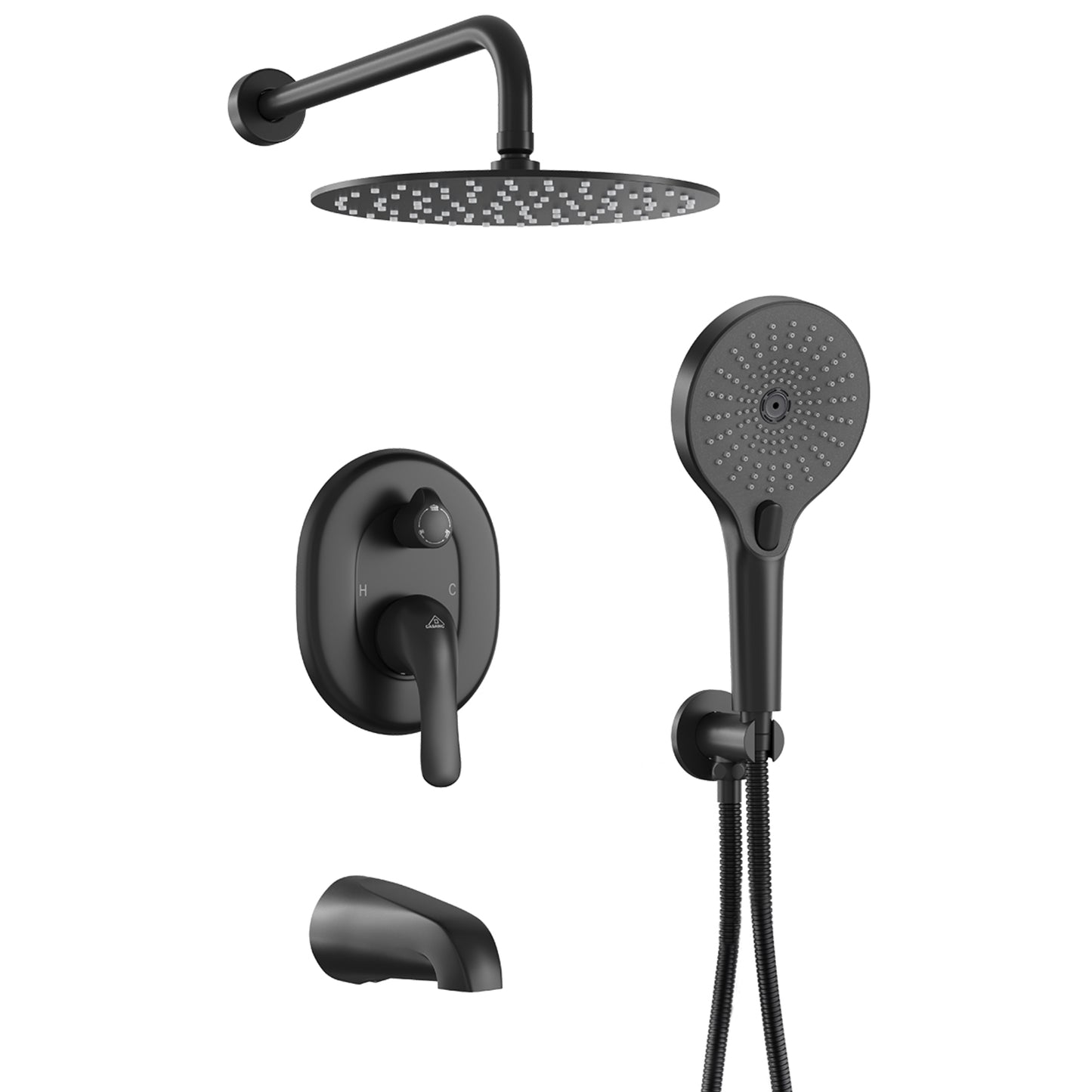 CASAINC 10 Inches Wall Mounted Dual Shower System with 3 Mode Handheld Spray & Tub Spout, Black