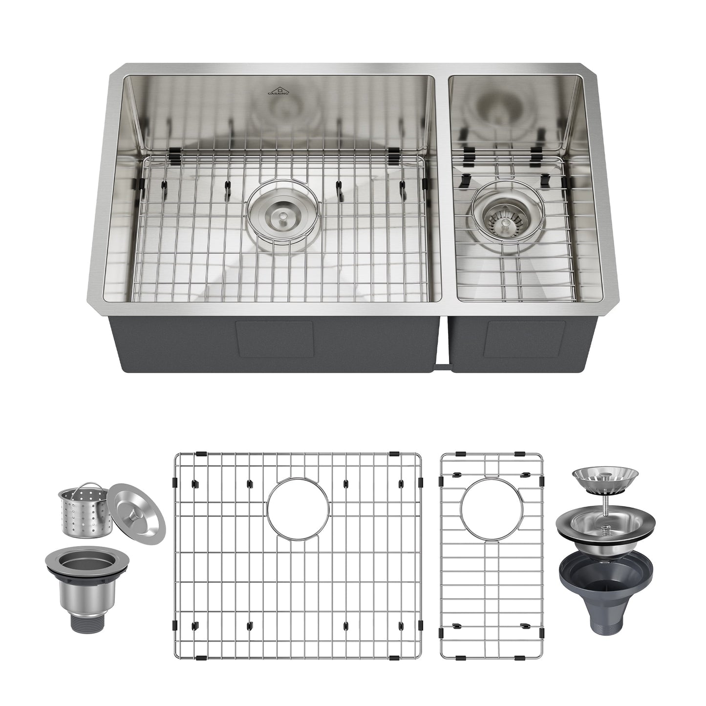 CASAINC 32" Undermount Double Bowl Stainless Steel Kitchen Sink with Included Bottom Grid & Drain Strainer