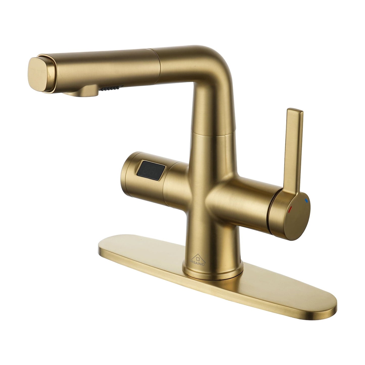 CASAINC Deck Mounted Single Handle Pull Down Kitchen Faucet with Digital Display Dual Function Sprayer and Deckplate, Gold