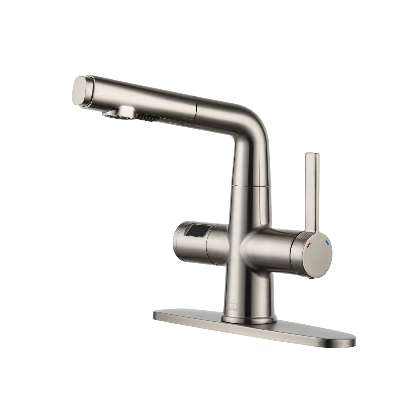CASAINC Deck Mounted Single Handle Pull Down Kitchen Faucet with Digital Display Dual Function Sprayer and Deckplate, Brushed Nickel
