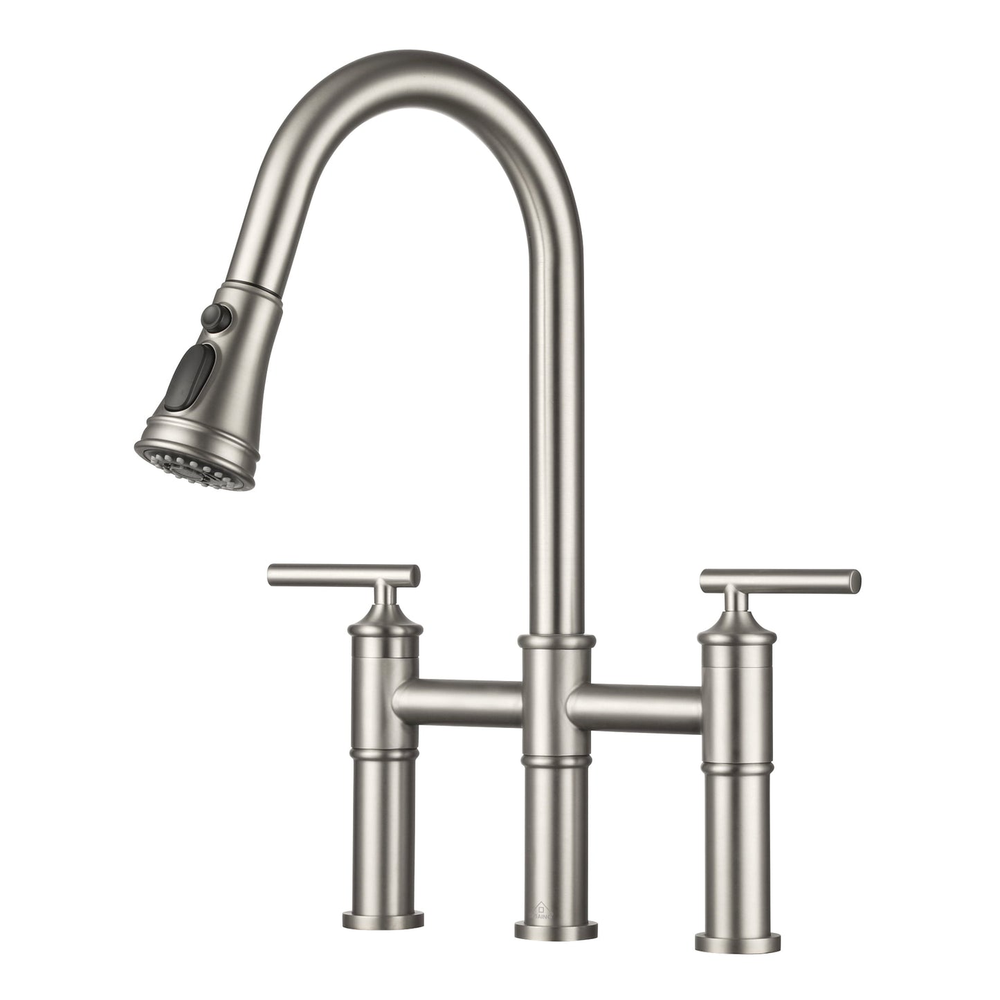 CASAINC Bridge Kitchen Faucet with Double Handle and 3 Function Pull Down Sprayer, Brushed Nickel