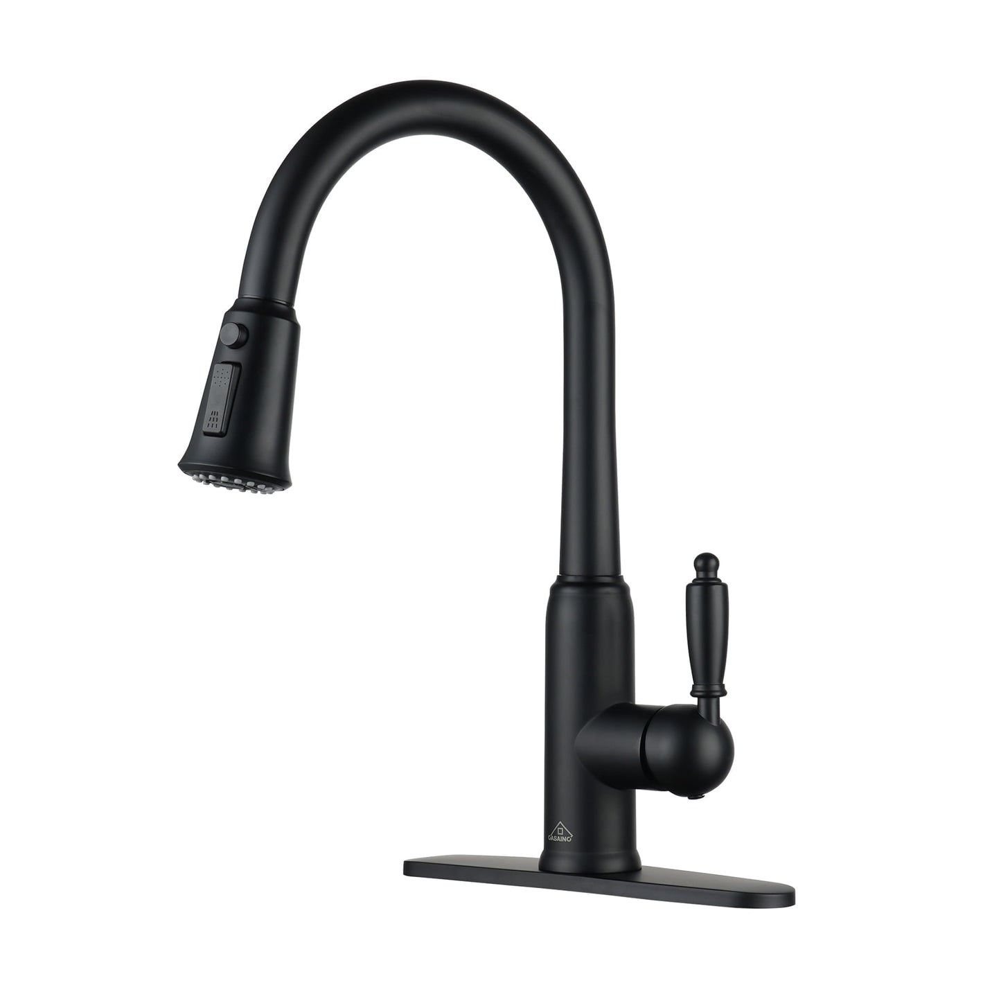 CASAINC Single Handle Pull Down Kitchen Faucet with Three Function Sprayer and Deckplate, Black