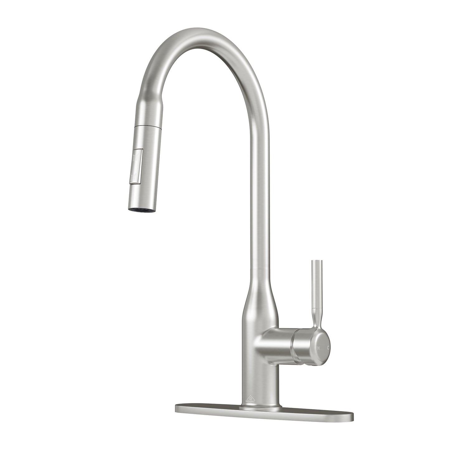CASAINC Deck Mounted Pull Down Kitchen Faucet with Dual Function Sprayer and Deck Plate, Brushed Nickel