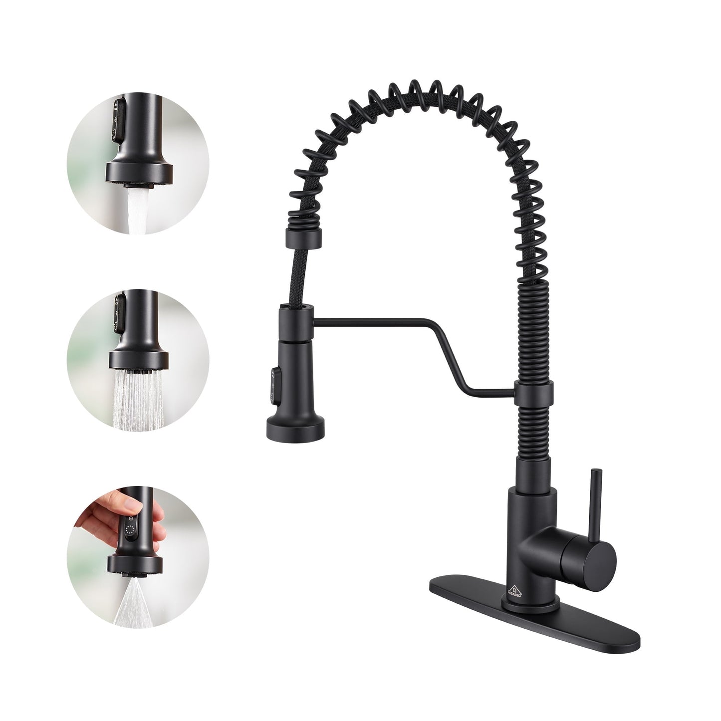 CASAINC Single Handle Spring Pull Down Kitchen Faucet with 3 Function Sprayer and Deckplate, Black