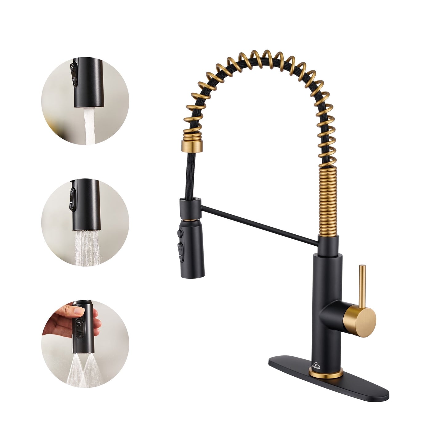 CASAINC Single Handle Spring Pull Down Kitchen Faucet with 3 Function Sprayer and Deckplate, Black Gold