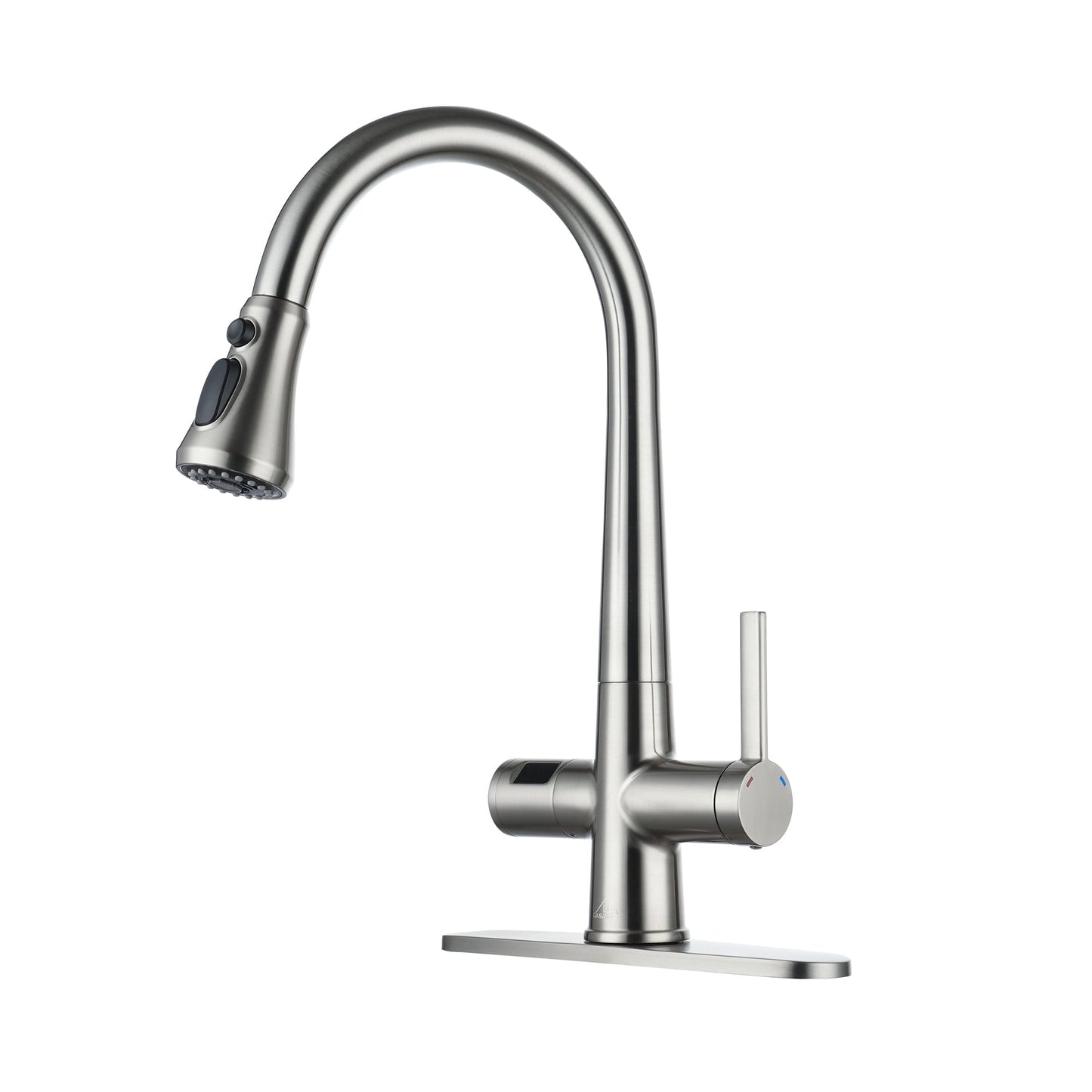 CASAINC Deck Mounted Single Handle Pull Down Kitchen Faucet with Digital Temp Display and Deckplate, Brushed Nickel
