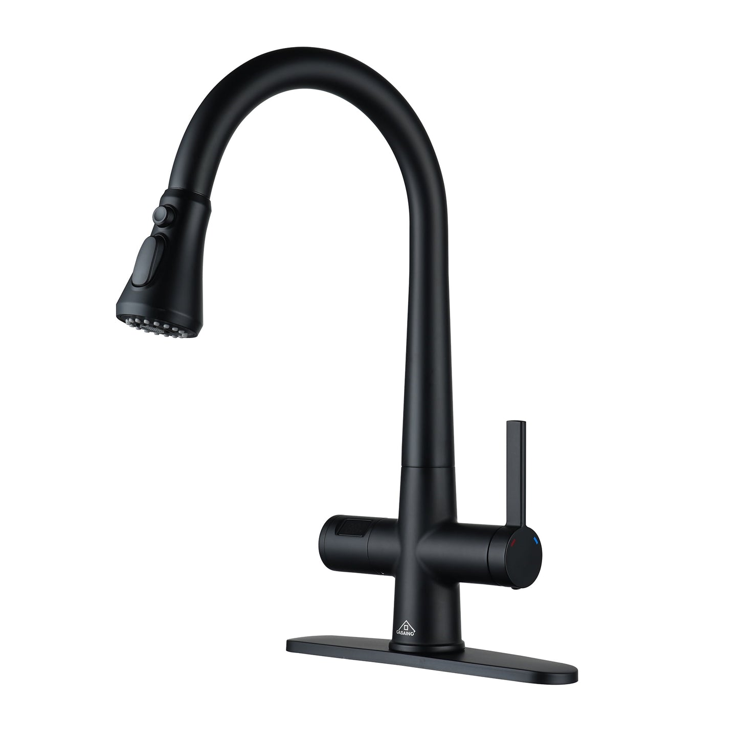 CASAINC Deck Mounted Single Handle Pull Down Kitchen Faucet with Digital Temp Display and Deckplate, Black