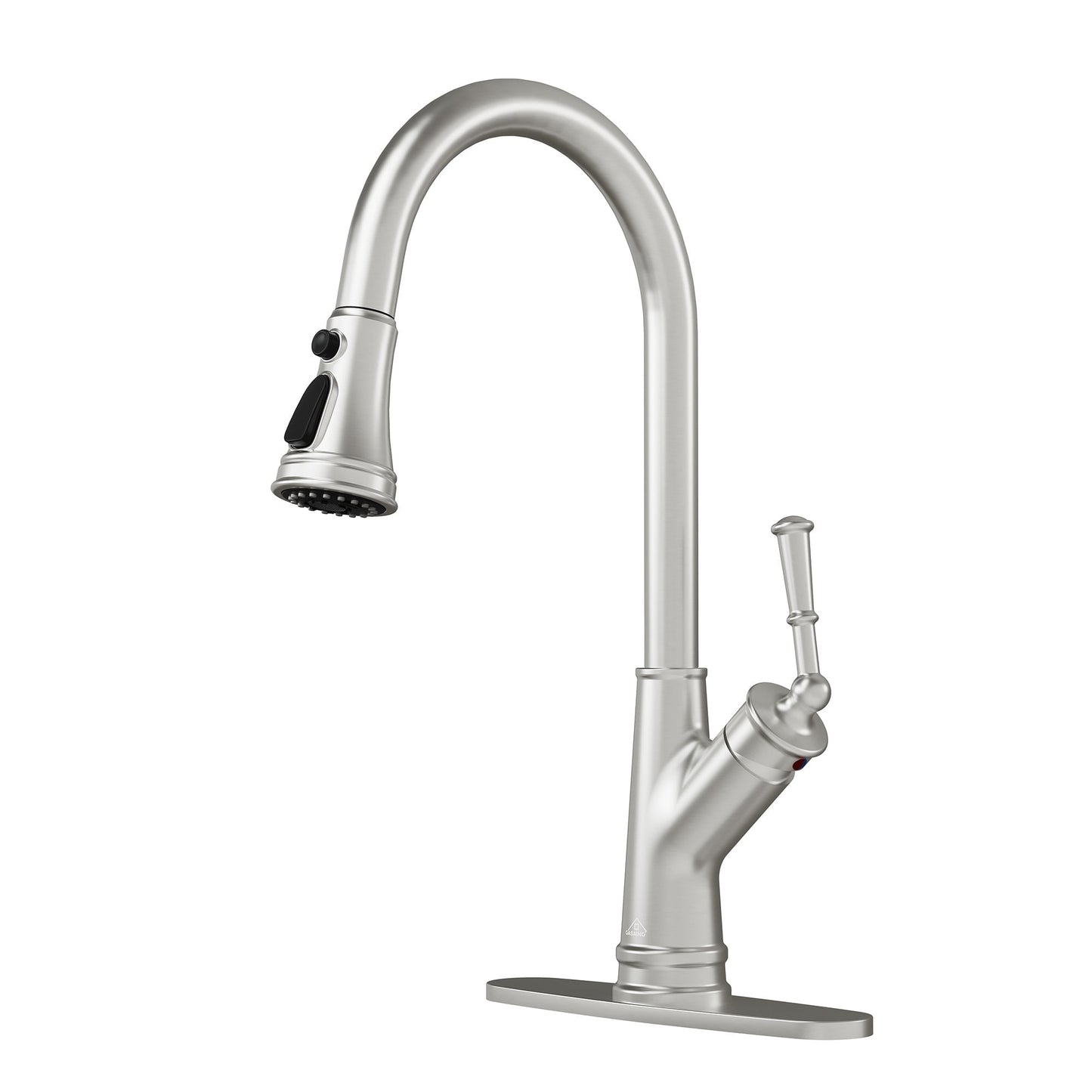 CASAINC Deck Mounted Single Handle Pull Down Kitchen Faucet with Dual Function Spray and Deckplate, Brushed Nickel