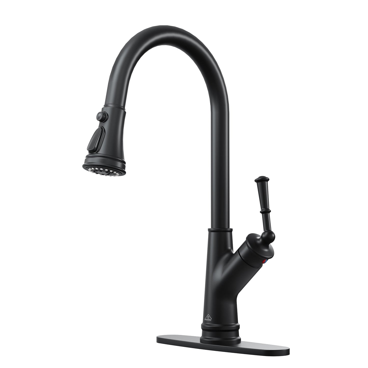 CASAINC Deck Mounted Single Handle Pull Down Kitchen Faucet with Dual Function Spray and Deckplate, Black