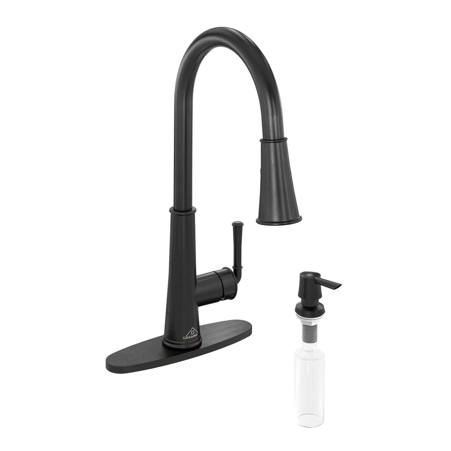 CASAINC Touchless Single Handle Pull Down Kitchen Faucet with Sensor, Soap Dispenser, and Deckplate, Black
