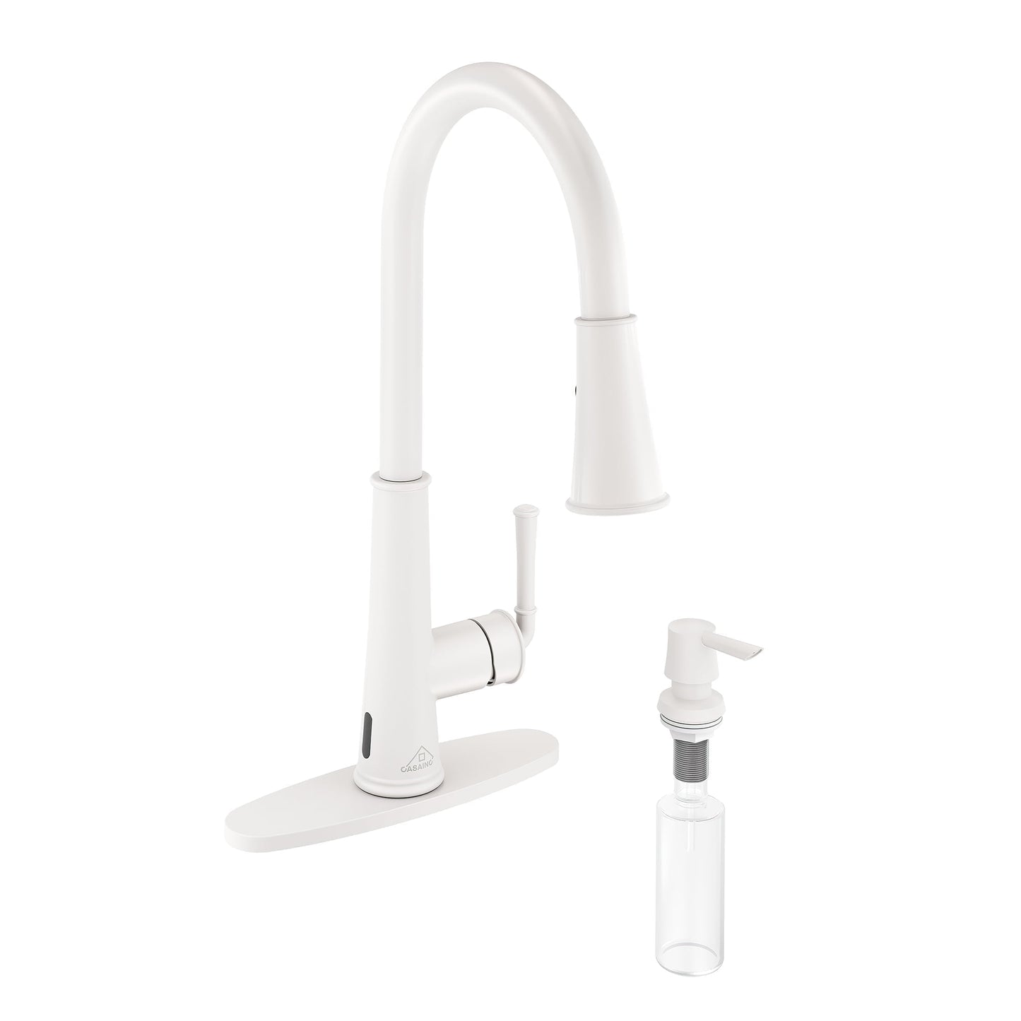 CASAINC Touchless Single Handle Pull Down Kitchen Faucet with Sensor, Soap Dispenser, and Deckplate, White