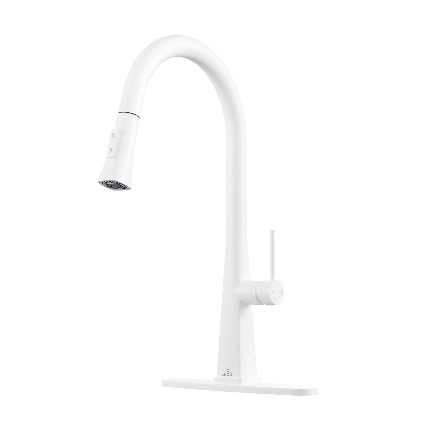 CASAINC Single Handle Deck Mounted Pull Down Kitchen Faucet Deck with Dual Function Sprayer and Deckplate, White