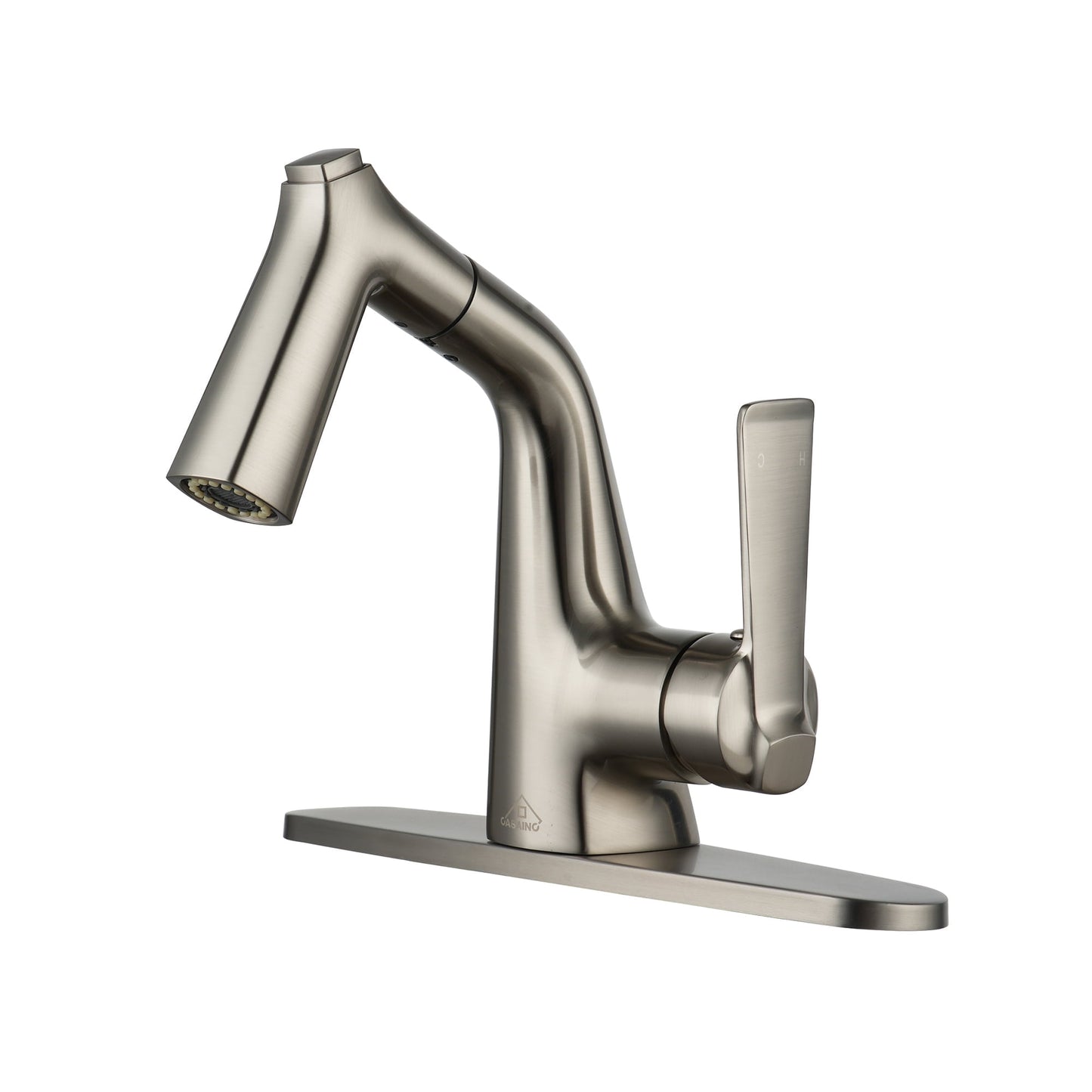 CASAINC Single Handle Single Hole Bathroom Faucet with Pull-Out Sprayer and Deckplate, Brushed Nickel