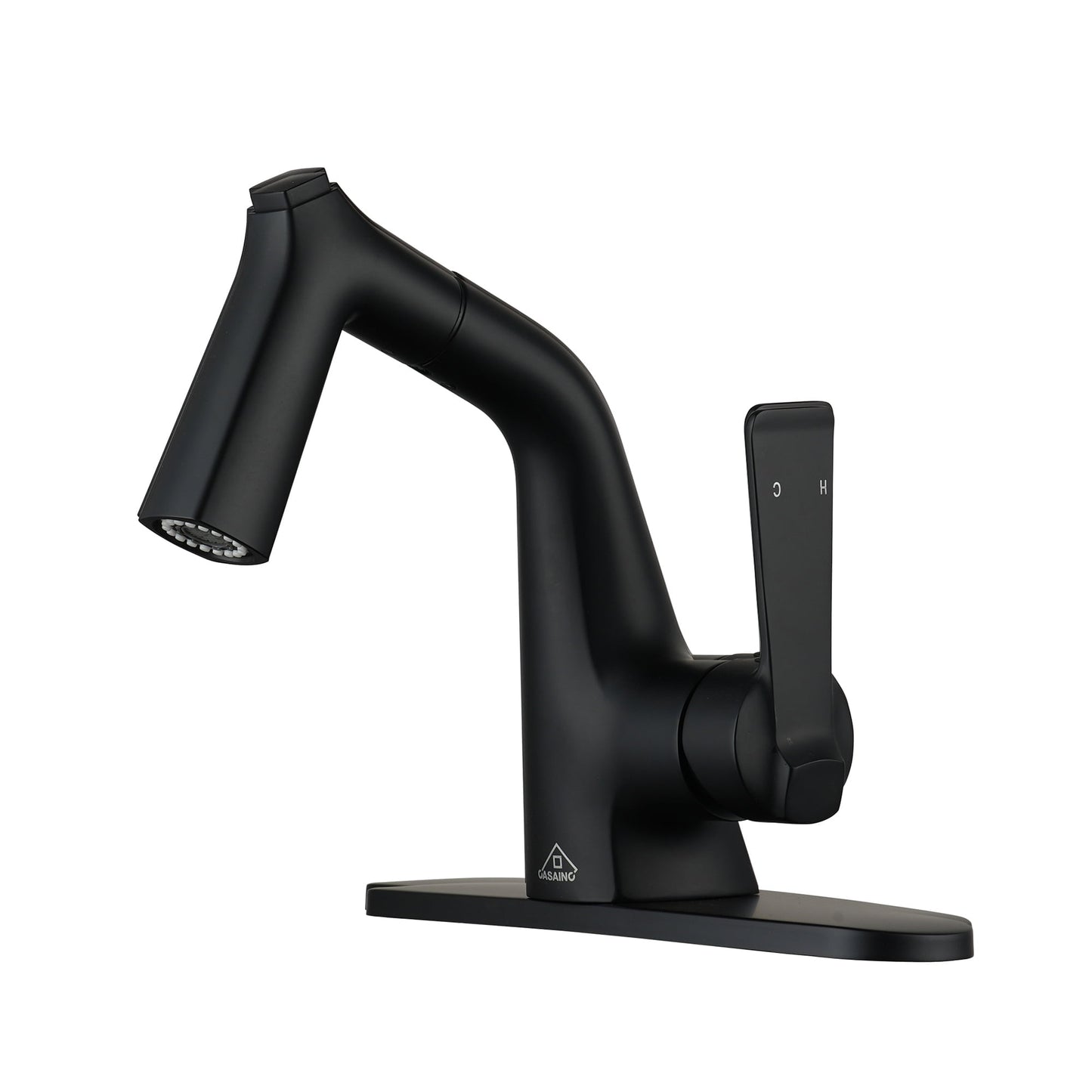 CASAINC Single Handle Single Hole Bathroom Faucet with Pull-Out Sprayer and Deckplate, Black