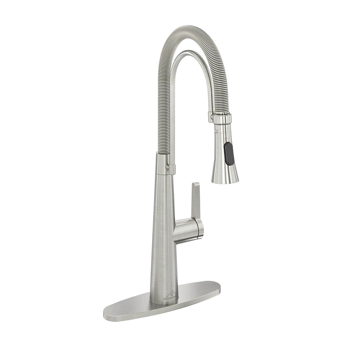CASAINC Single Handle Pull Down Spring Kitchen Faucet with Dual Function Sprayer and Deckplate, Brushed Nickel