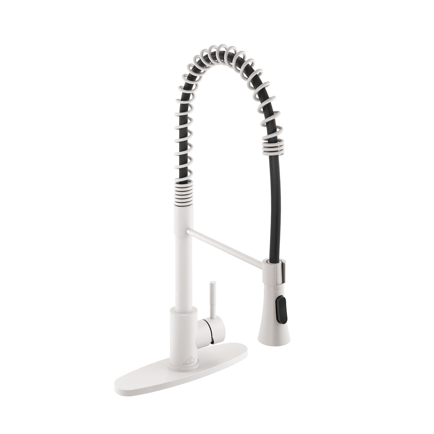 CASAINC Single Handle Spring Pull Down Deck Mounted Kitchen Faucet with Dual Function Sprayhead and Deckplate, White