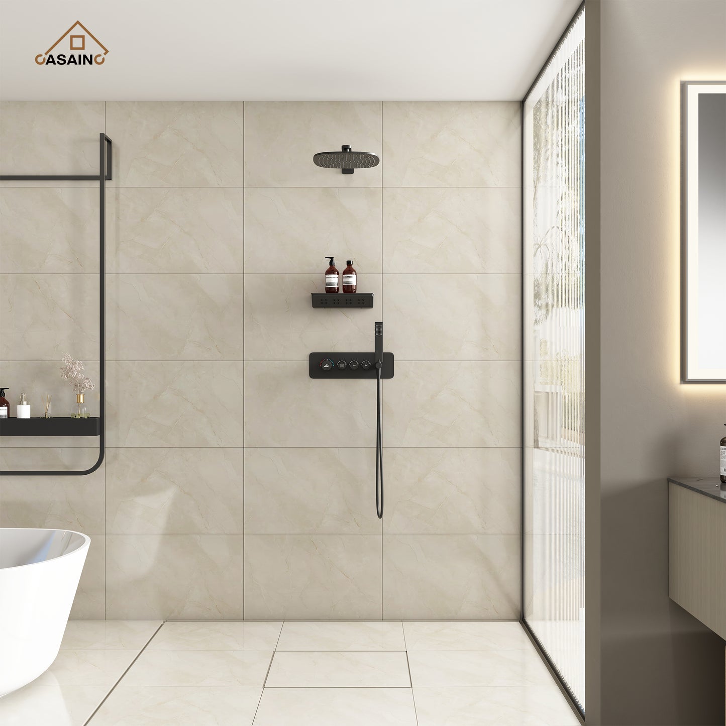 CASAINC 12 Inches Wall Mounted Shower System & Hand Shower Shelf