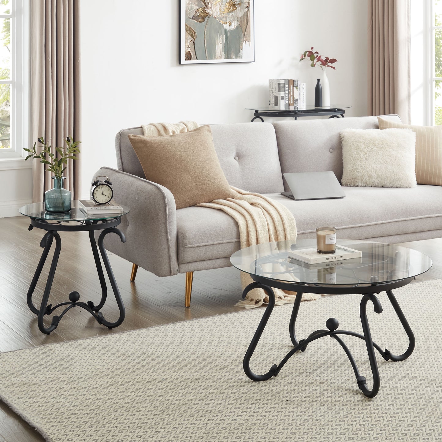 3 Piece Coffee Table Set,With 1 Coffee Table & 2 End Side Table,For Living Room,Metal+Wood