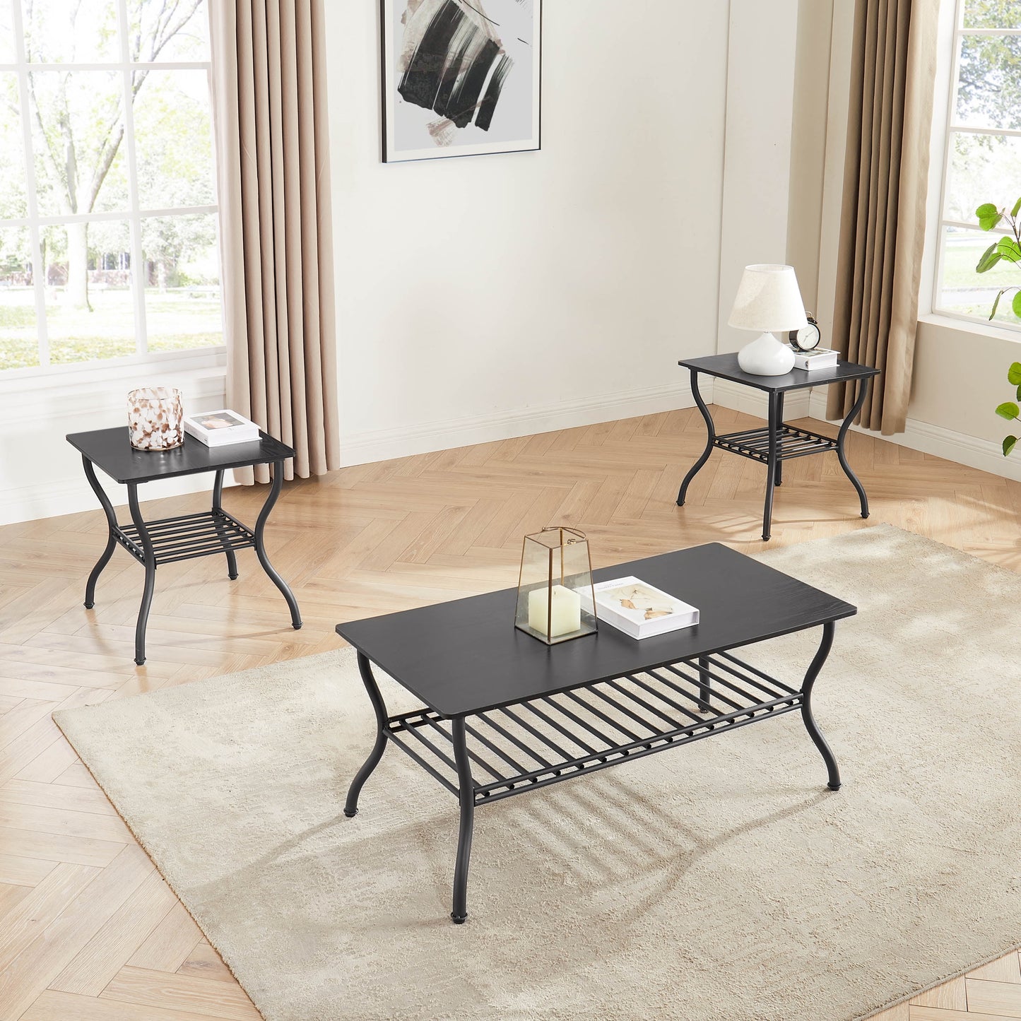 3 Piece Coffee Table Set,With 1 Coffee Table & 2 End Side Table,For Living Room,Metal+Wood