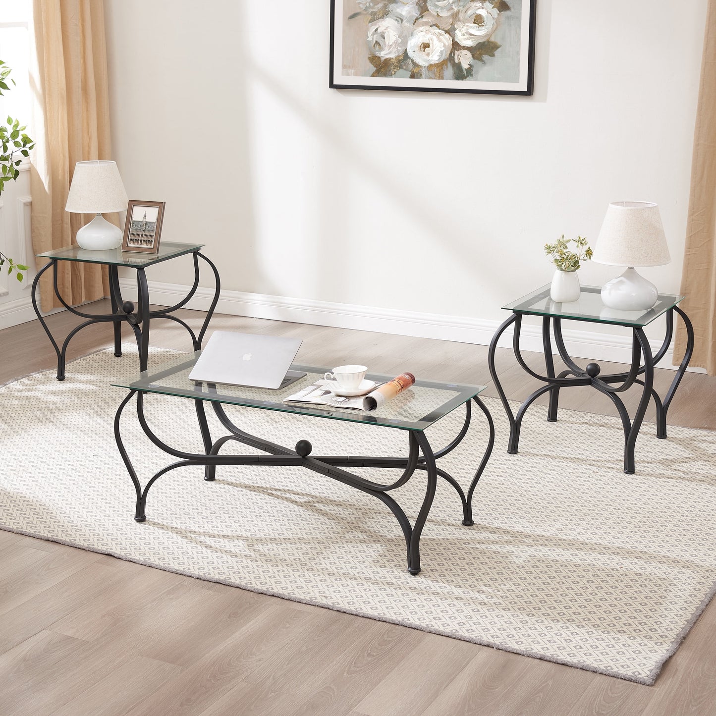 3 Piece Coffee Table Set,With 1 Coffee Table & 2 End Side Table,For Living Room,Metal+Wood