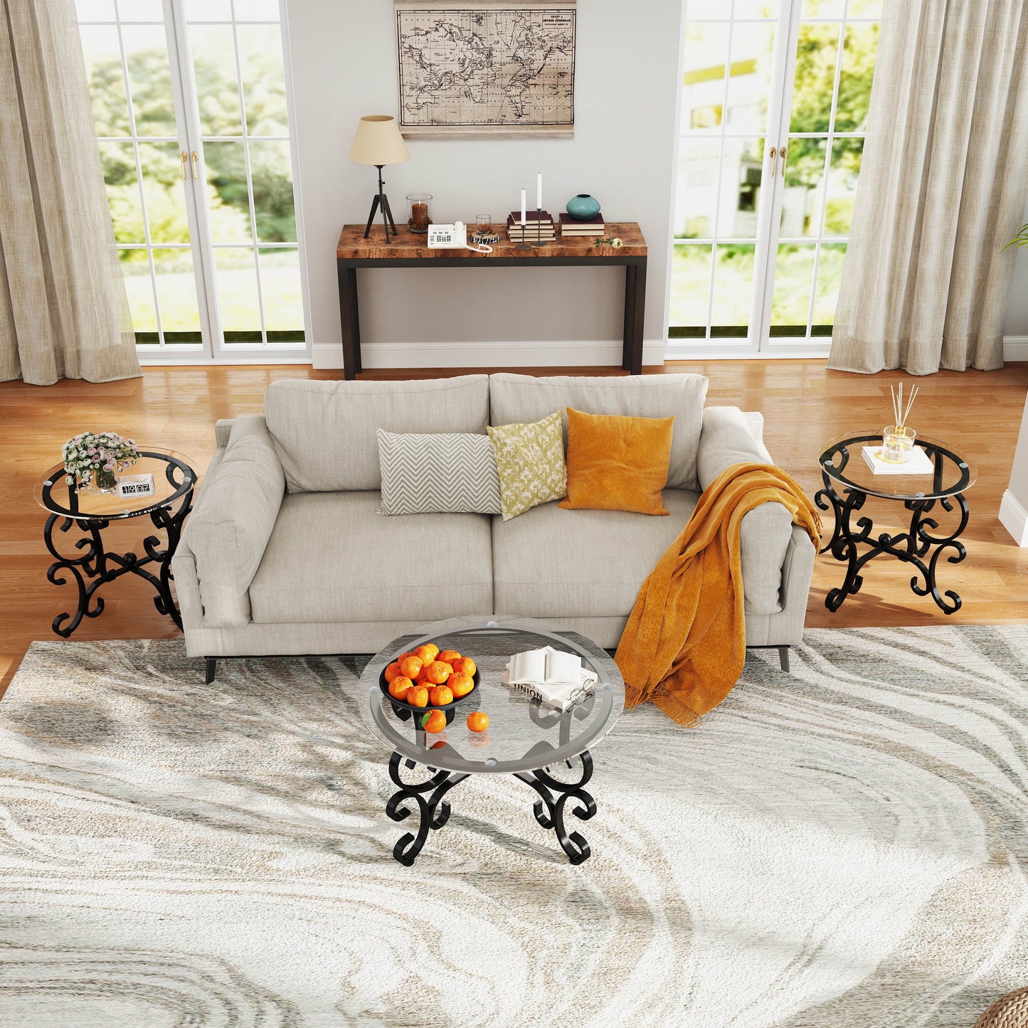 3 Piece Coffee Table Set,With 1 Coffee Table & 2 End Side Table,For Living Room,Metal+Wood