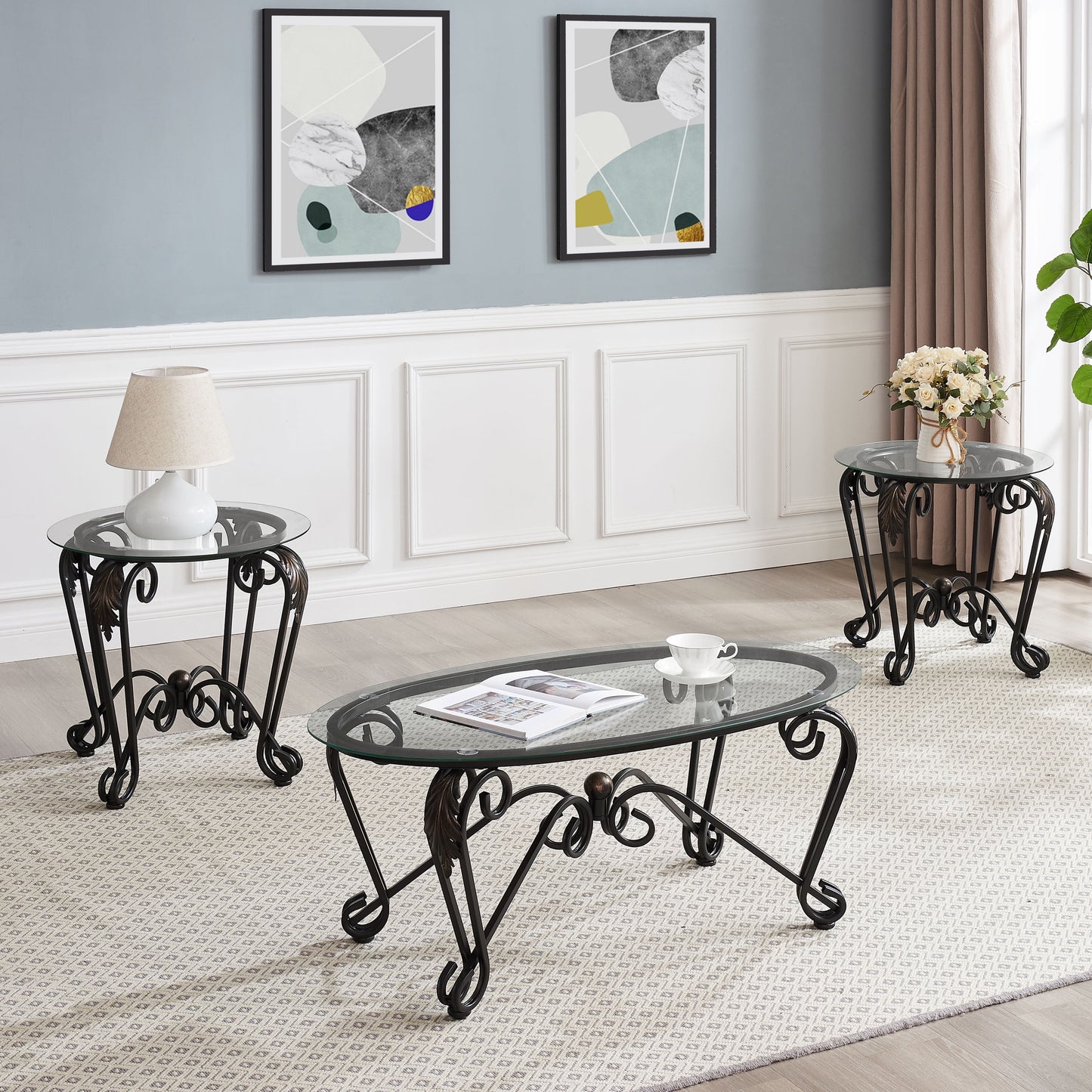 3 Piece Coffee Table Set,With 1 Coffee Table & 2 End Side Table,For Living Room,Metal+Wood