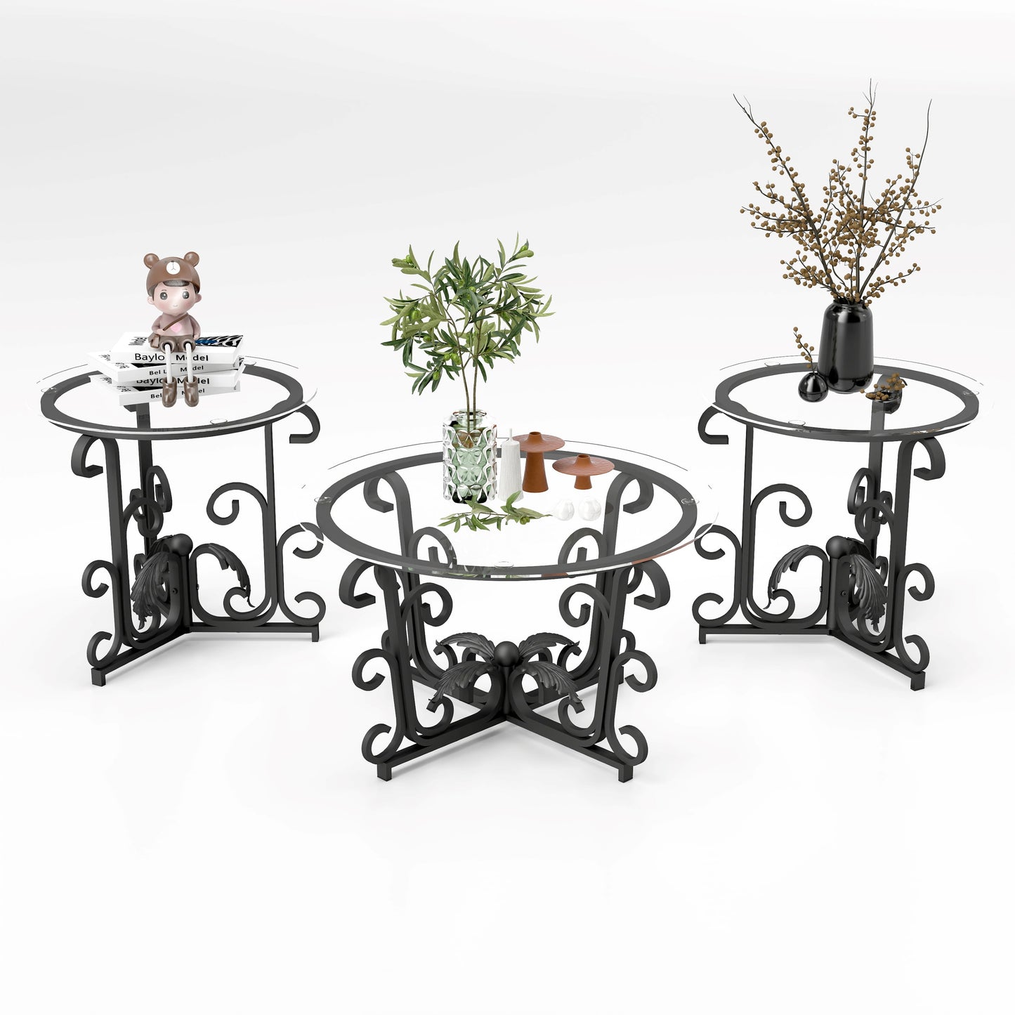 3 Piece Coffee Table Set,With 1 Coffee Table & 2 End Side Table,For Living Room,Metal+Wood