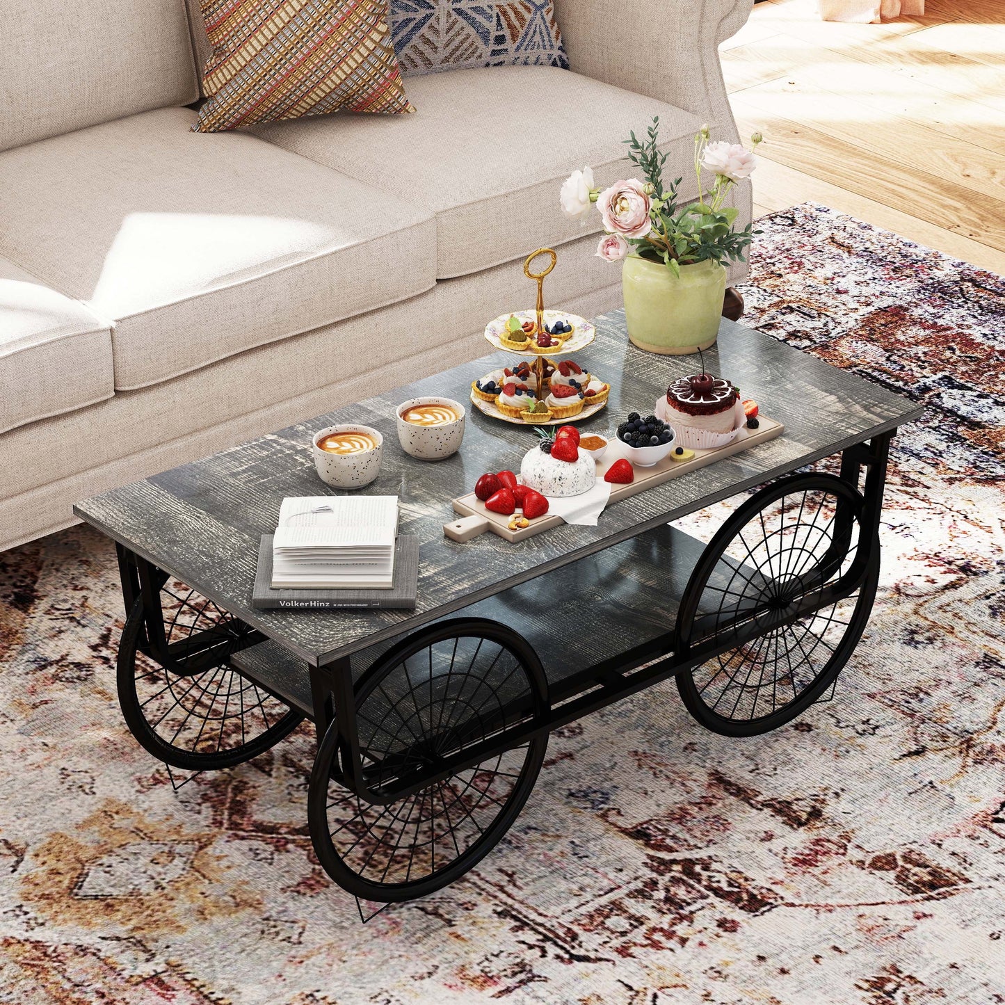 3 Piece Coffee Table Set,With 1 Coffee Table & 2 End Side Table,For Living Room,Metal+Wood
