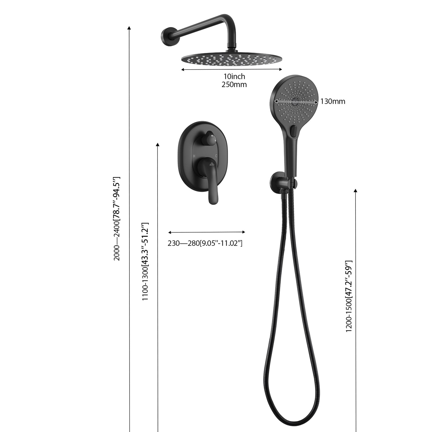 CASAINC 10 Inches Wall Mounted Dual Shower System with 3 Mode Handheld Spray, Black