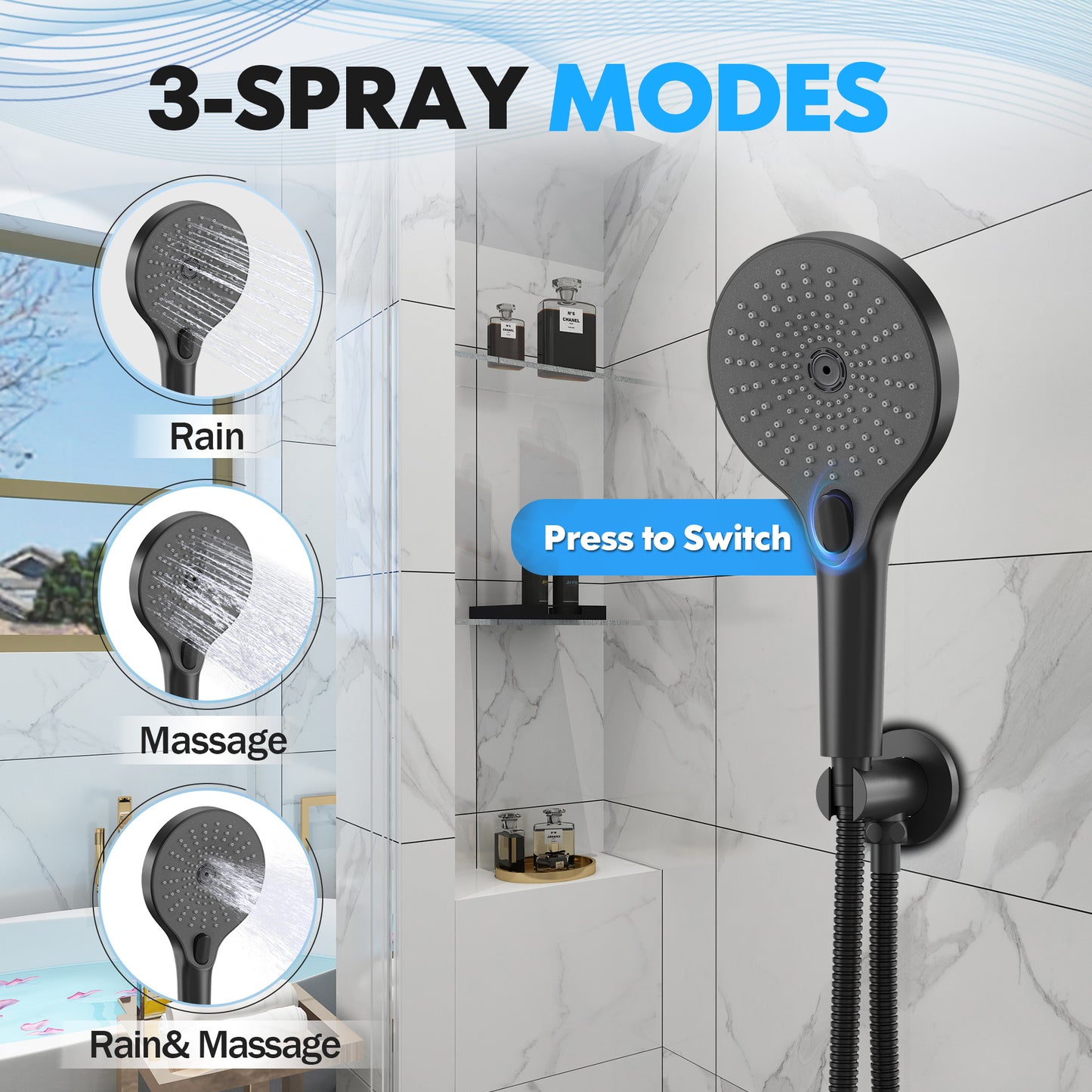 CASAINC 10 Inches Wall Mounted Dual Shower System with 3 Mode Handheld Spray, Black