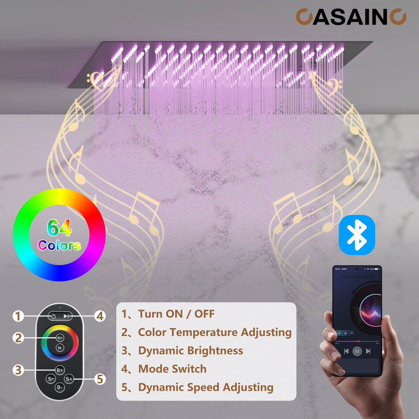 CASAINC 20 Inches Ceiling Mounted Luxury LED Shower System with 6 Body Jets & Handheld Spray with Bluetooth Music