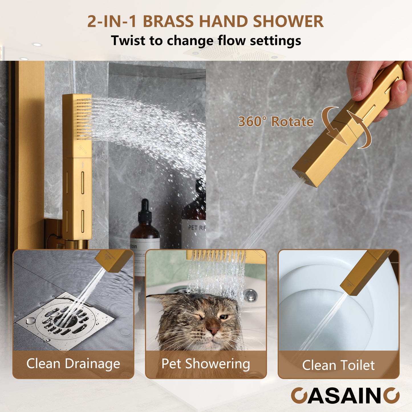 CASAINC 27 Inches Ceiling Mounted Luxury LED Shower System with 6 Body Jets & Handheld Slide Bar Spray