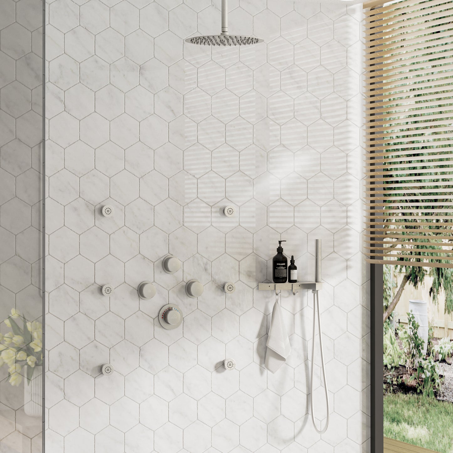 CASAINC 12 Inches Thermostatic Ceiling Mounted Round Shower System with 6 Body Jets & Handheld Spray Shelf