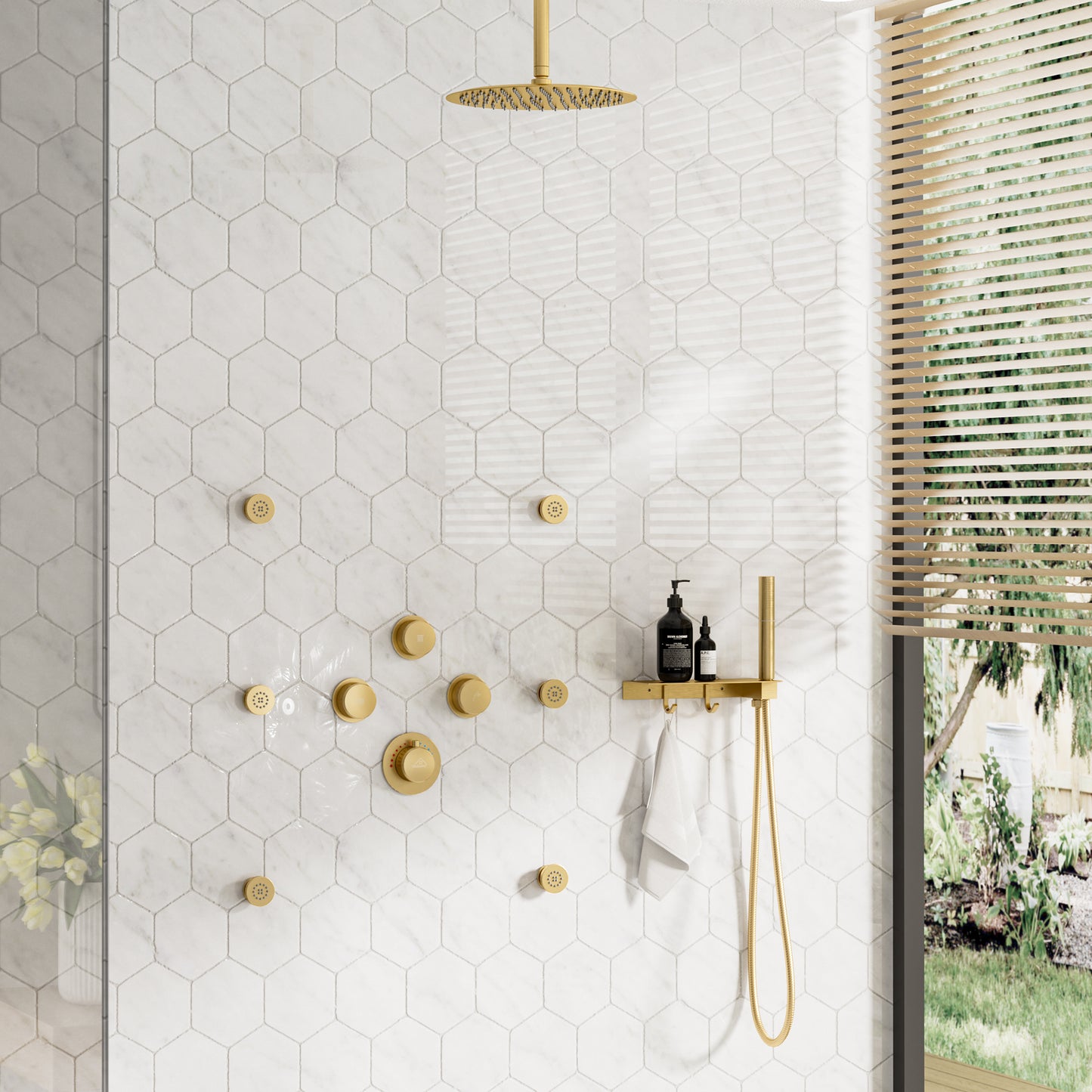 CASAINC 12 Inches Thermostatic Ceiling Mounted Round Shower System with 6 Body Jets & Handheld Spray Shelf