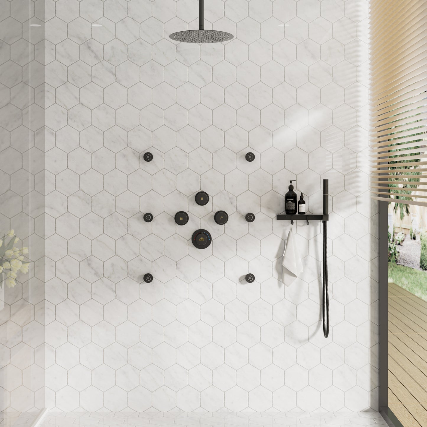 CASAINC 12 Inches Thermostatic Ceiling Mounted Round Shower System with 6 Body Jets & Handheld Spray Shelf