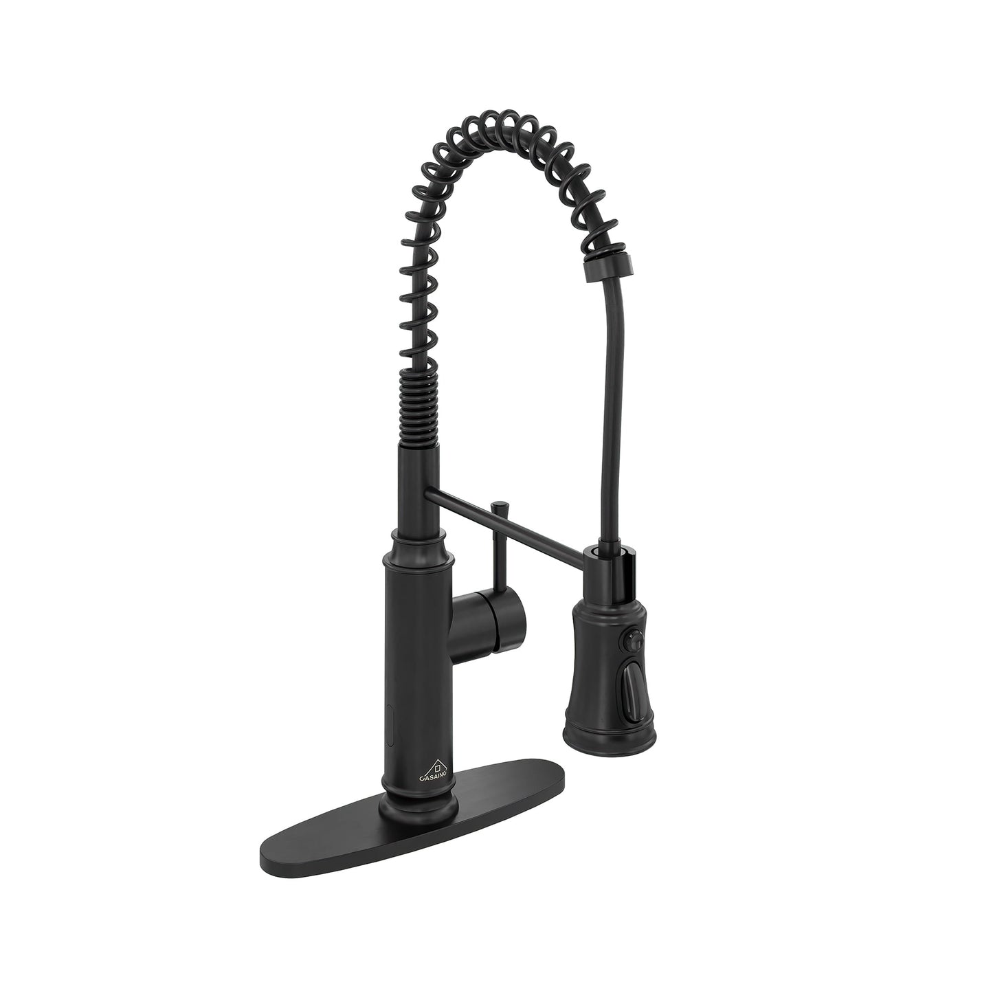 CASAINC Single Handle Spring Pull Down Kitchen Faucet with Dual Function Sprayer and Deckplate, Black