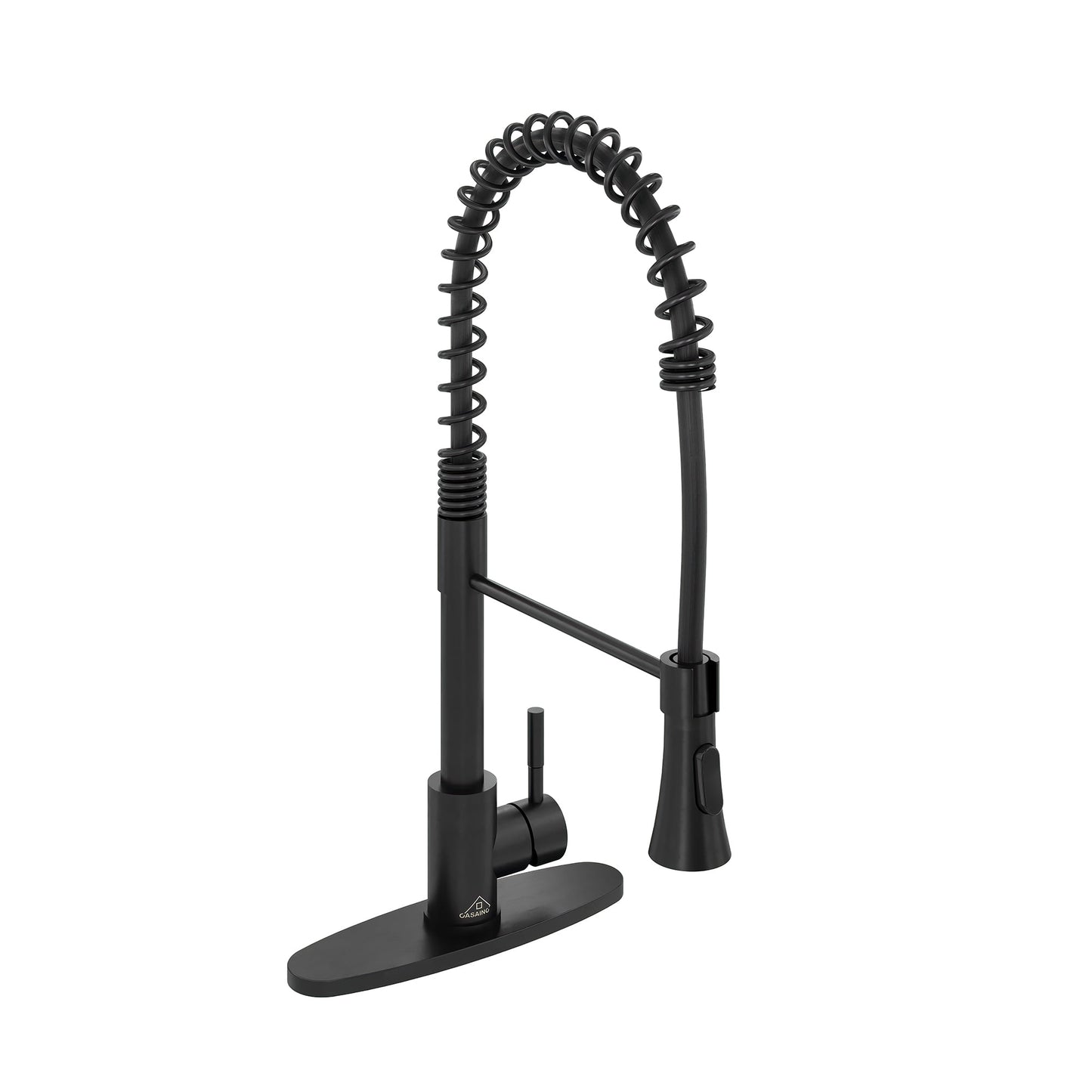 CASAINC Single Handle Spring Pull Down Deck Mounted Kitchen Faucet with Dual Function Sprayhead and Deckplate, Black