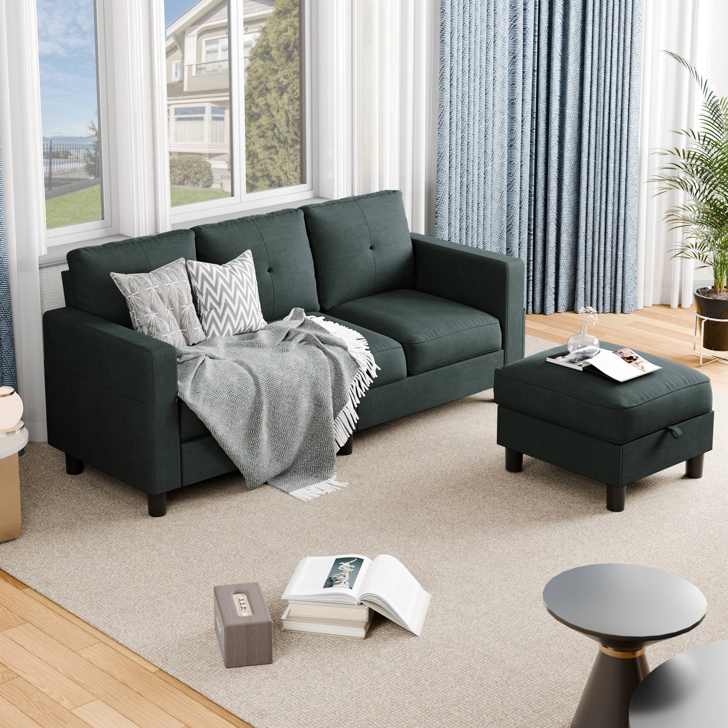 Convertible Sectional Sofa Couch, Modern Linen Fabric L-Shaped 3-Seat Sofa Sectional with Reversible Chaise for Small Space (Green)