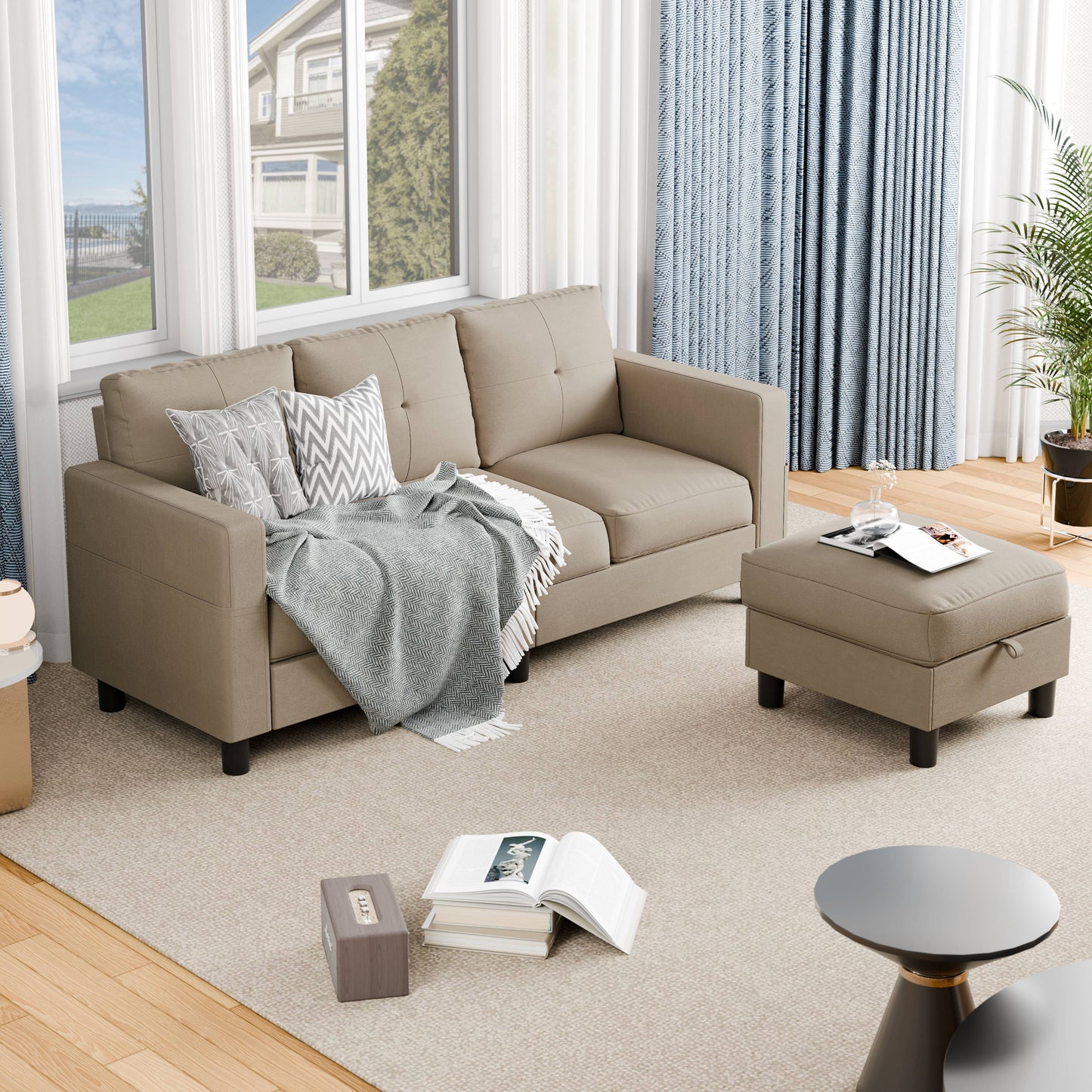 Convertible Sectional Sofa Couch, Modern Linen Fabric L-Shaped 3-Seat Sofa Sectional with Reversible Chaise for Small Space (Green)