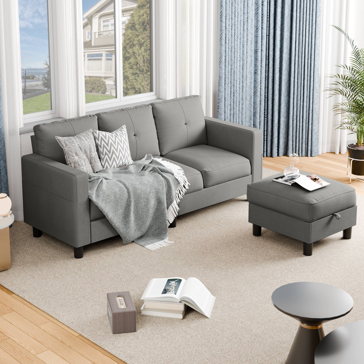 Convertible Sectional Sofa Couch, Modern Linen Fabric L-Shaped 3-Seat Sofa Sectional with Reversible Chaise for Small Space (Green)