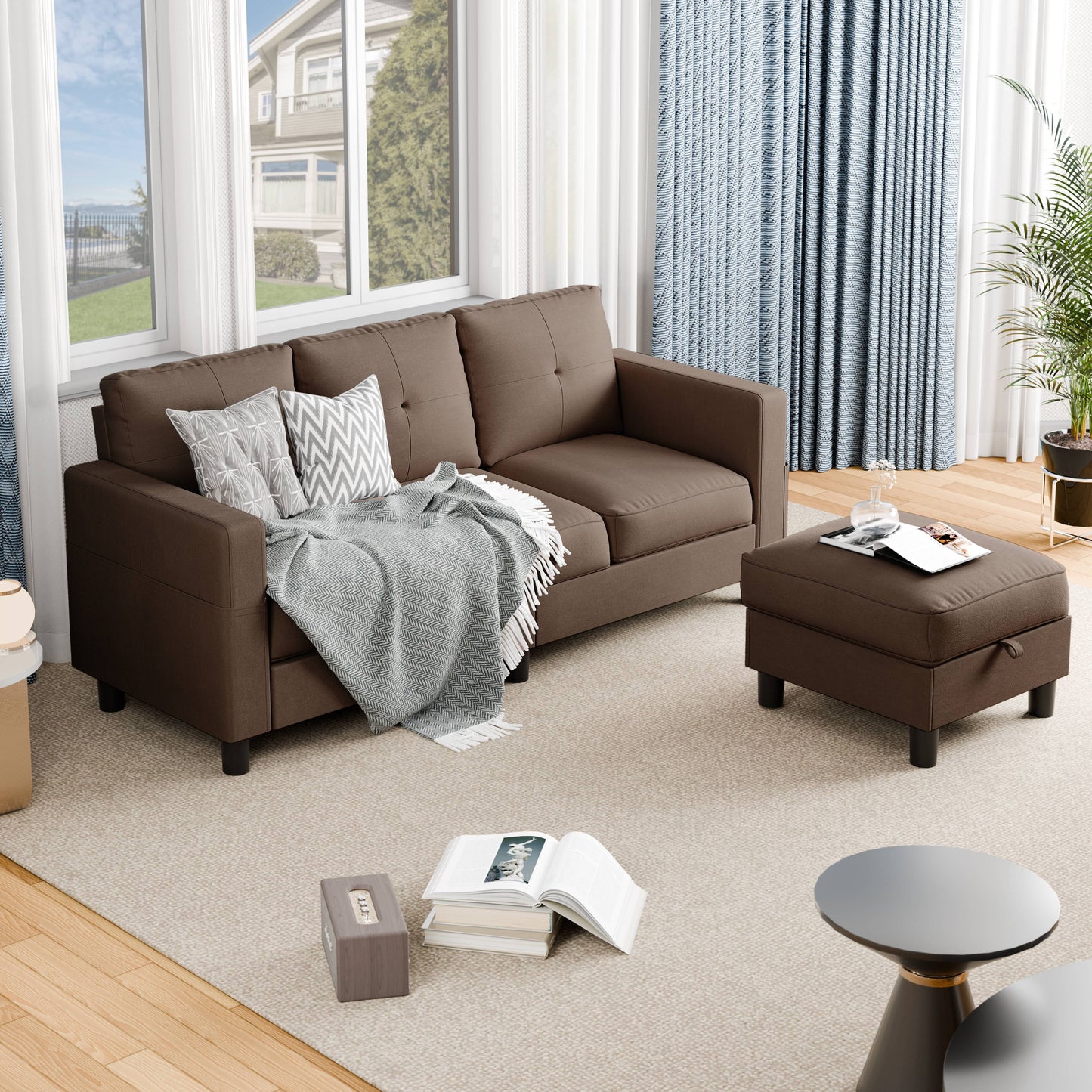 Convertible Sectional Sofa Couch, Modern Linen Fabric L-Shaped 3-Seat Sofa Sectional with Reversible Chaise for Small Space (Green)