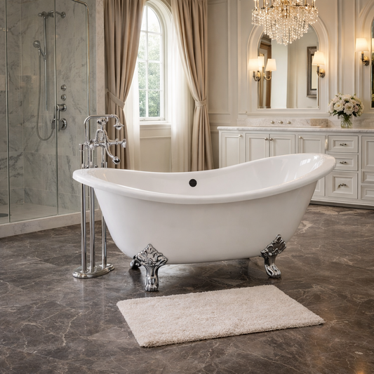 72" Enameled Cast Iron Double Slipper Clawfoot Bathtub - Chrome Iron Feet