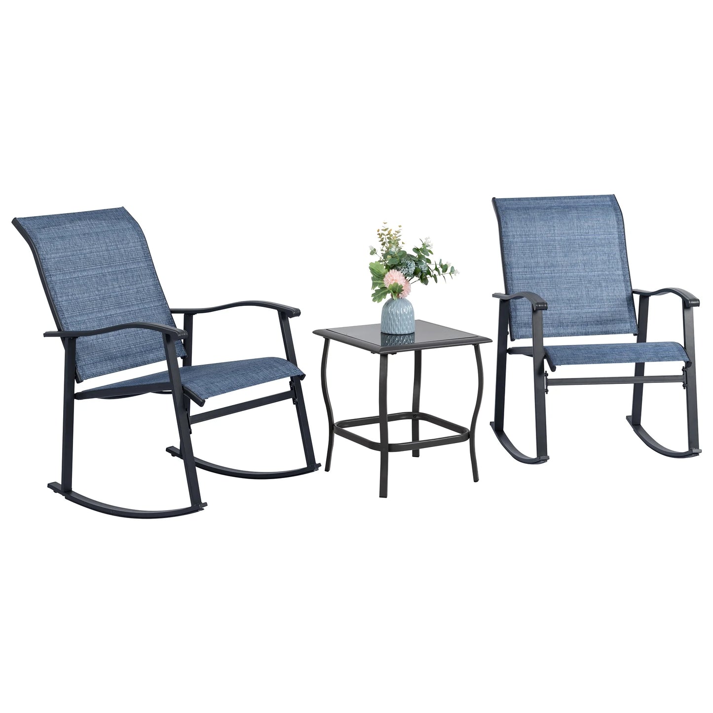 3 Pieces Rocking Bistro Patio Furniture Rocker Set with 2 Outdoor Rocking Chairs and 1 Glass Coffee Table for Porch Deck Lawn,Deep Blue