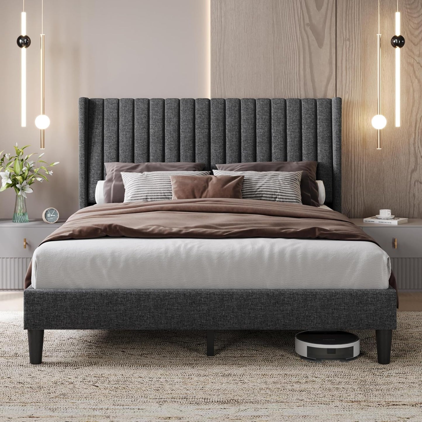 Queen Bed Frame Upholstered Platform Bed with Fabric Headboard, Wing Edge Design/Non-Slip and Noise-Free/Wooden Slats Support/No Box Spring Needed/Easy Assembly, Dark Gray Queen Bed