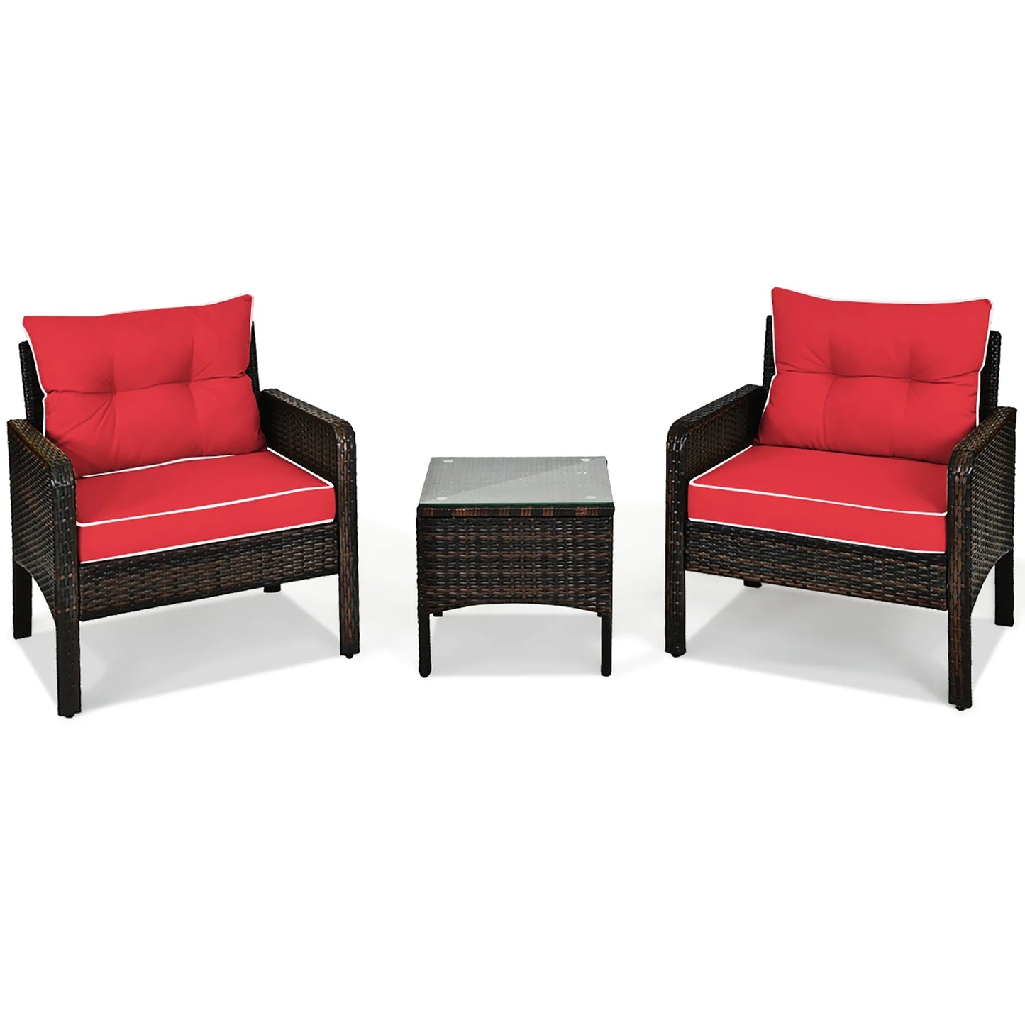3PCS Outdoor Rattan Conversation Set Patio Furniture Cushioned Sofa Chair Red